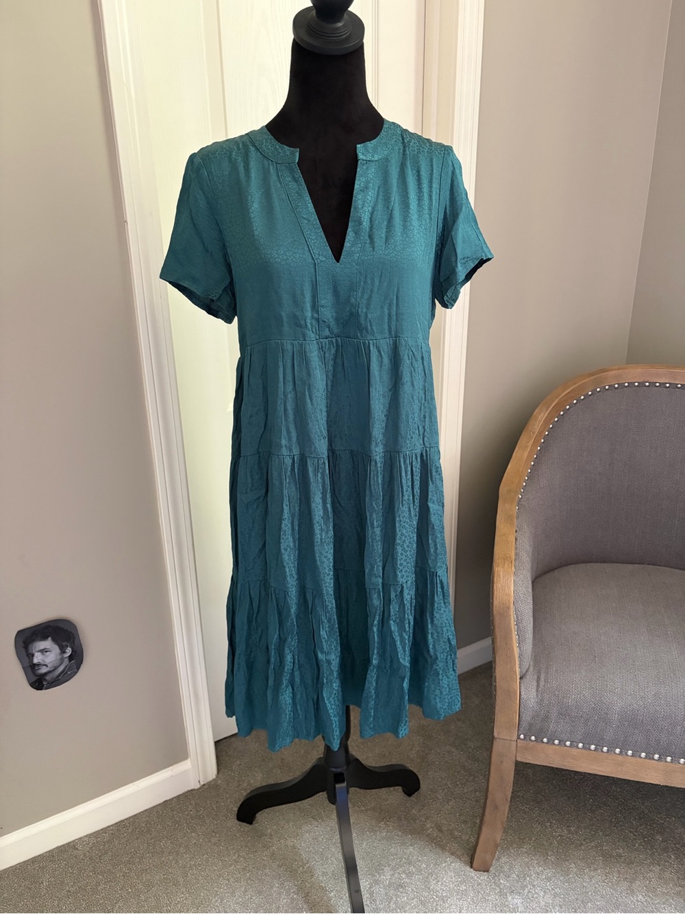 Anthropologie Teal Tiered V-Neck Midi Dress